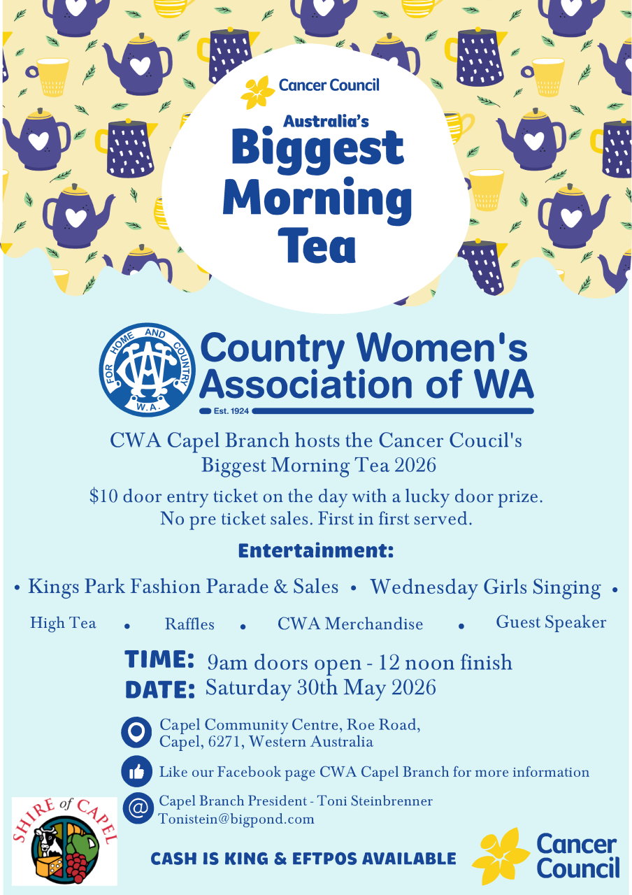 CWA Capel Branch hosts Cancer Council Biggest Morning Tea 2026